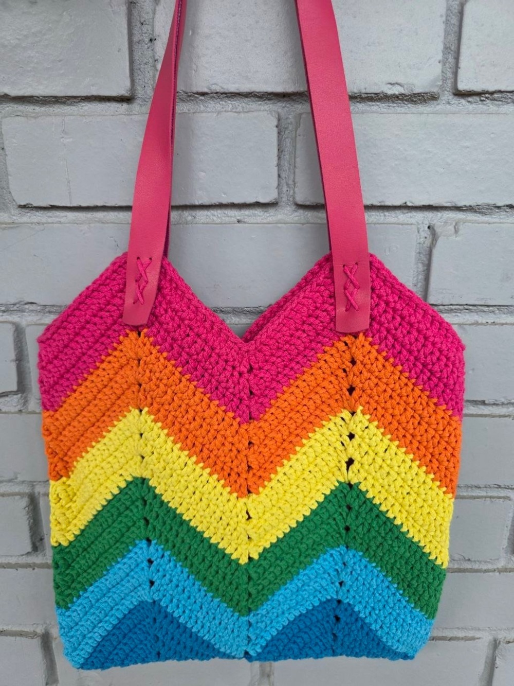 Rainbow Crochet Tote Bag Handmade Colorful Boho Beach Shoulder Bag
